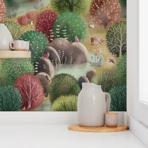 Miniatura 8 de Papel tapiz para despegar y pegar, bosque caprichoso, naturaleza, bosque, otoño, paisaje, árboles, animales, papel tapiz extraíble personalizado por