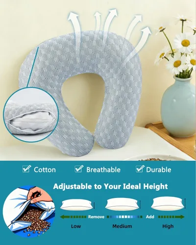 Miniatura 2 de Almohada de cuello de trigo sarraceno con funda de almohada de doble capa, almohadas ajustables firmes en forma de U, transpirables para un sueño