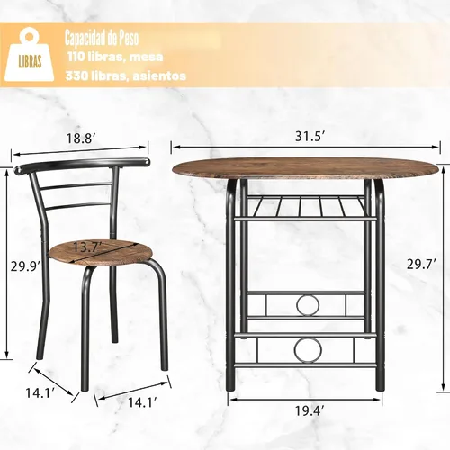 Miniatura 3 de JUMMICO juego de mesa redonda de 3 piezas de madera y sillas, mesa de grano de madera para ahorrar espacio en la cocina, rincón de desayuno