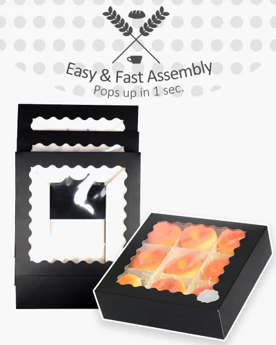 Miniatura 3 de qiqee Cajas para pasteles negras con ventana autodesplegables de 10x10x2,5 pulgadas, paquete de 30 unidades, cajas para galletas, donuts