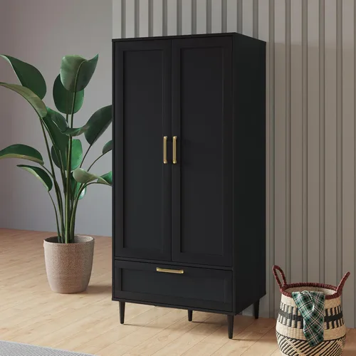 Miniatura 3 de Armario Morden para dormitorio, armario con barra para colgar, 60 pulgadas, 2 puertas, para ropa con cajones, armario de almacenamiento Morden, Negro