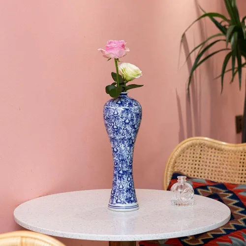 Miniatura 4 de Jarrón de cerámica de porcelana azul y blanca de 13 pulgadas, hecho a mano, decorativo para sala de estar, decoración del hogar, oficina, centro