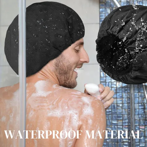 Miniatura 3 de Gorro de ducha para hombre, gorro de baño negro, reversible, con forro de rizo, grande, impermeable, ajustable, banda elástica, dobladillo elástico