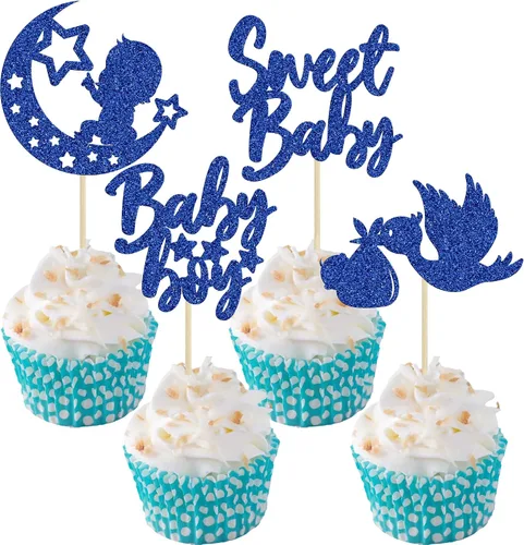 Miniatura 23 de 24 piezas de decoración para cupcakes de baby shower Oh Baby con moño, botella para niño, azul profundo, purpurina para pasteles, decoraciones
