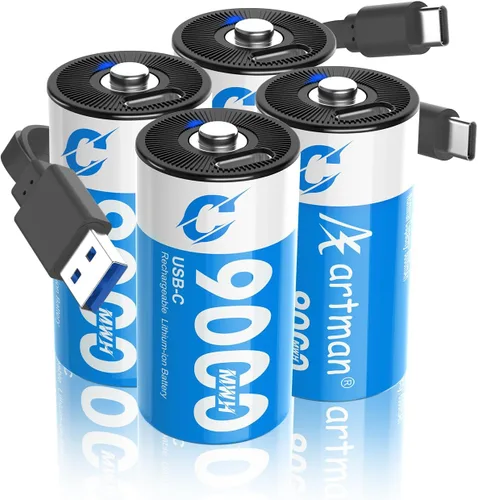 Artman - Paquete de 4 baterías recargables de litio C, baterías de celda C de 1.5 V con cable de carga USB-C 2 en 1, batería de iones de litio