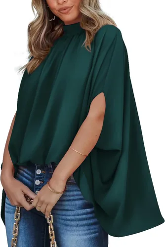 Miniatura 35 de BTFBM Blusas de verano para mujer, cuello alto falso, manga murciélago, holgadas, dobladillo alto y bajo, blusas informales de gran