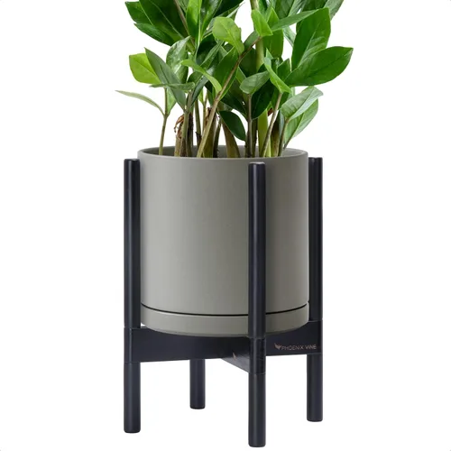 Miniatura 44 de D'vine Dev Maceta de cerámica con soporte de ébano – Maceta redonda moderna de 8 pulgadas con soporte para maceta de madera, color negro, 55-B-M-2