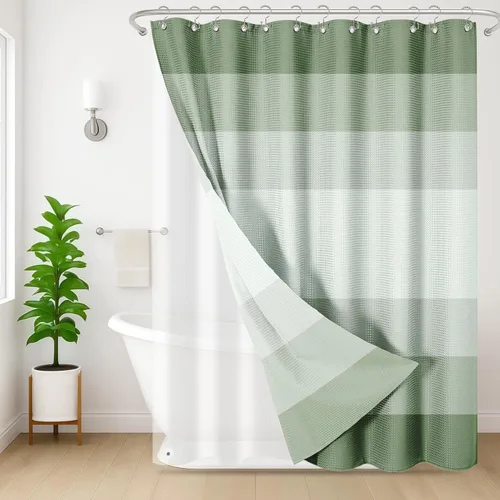 Miniatura 8 de Cortina de ducha y forro, juego de cortina de ducha 3 en 1 a rayas beige degradado y forro de PEVA con 12 ganchos de metal resistentes al óxido