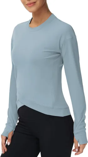 Miniatura 3 de Camisetas de compresión de manga larga para mujer, con dobladillo cruzado, atléticas, para correr, yoga, con agujero para el pulgar