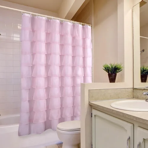 Miniatura 6 de Cortina de ducha Reisen de tela rosa con volantes, estilo granja para baño, cortina de ducha transparente, 72 x 72 pulgadas