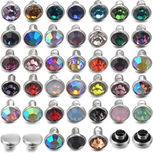Miniatura 8 de 100 juegos de remaches de 8 mm de colores mixtos con cristales CZ, remaches de strass, remaches de plata con puntas de color plateado