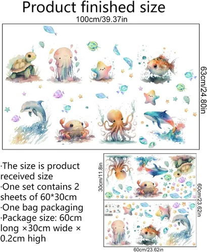 Miniatura 4 de Runtoo Calcomanías de pared bajo el mar, diseño de tortuga, medusas, vida marina, subacuática, para baño, bebé, guardería, niños, decoración de pared