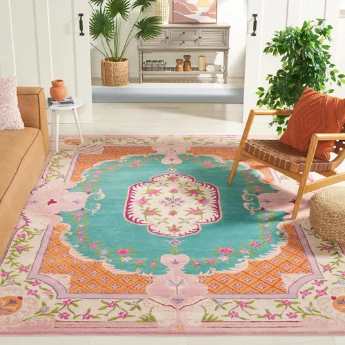 Miniatura 24 de SAFAVIEH Bellagio Collection - Alfombra decorativa de 2 x 3 pies, azul y rosa, hecha a mano de lana de medallón, ideal para zonas de alto tráfico