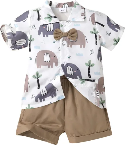 Miniatura 15 de JEELLIGULAR Conjunto de ropa de verano para bebé niño de manga corta con botones y pantalones cortos, trajes casuales para caballeros de 1 a 6 años