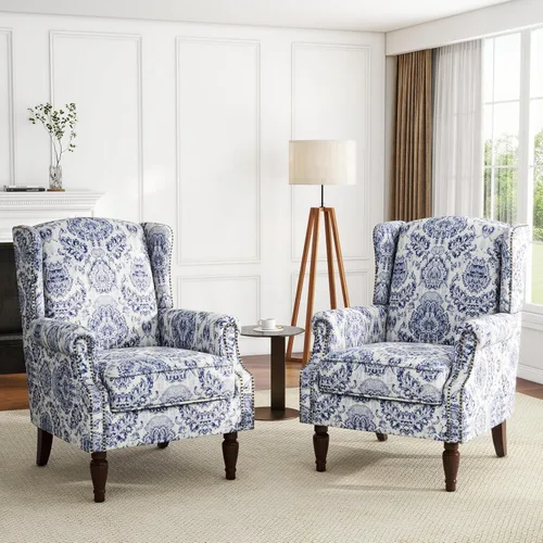 Miniatura 29 de Silla de Acento de Respaldo Alto, Sillón Tapizado en Tela para Sala de Estar, Sillón Wingback con Estampado Floral con Patas de Madera Maciza, Sofá