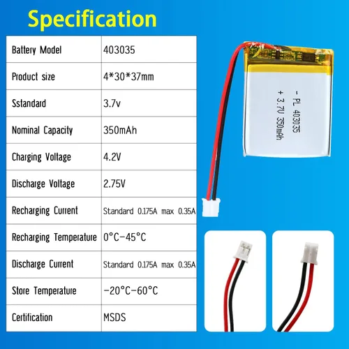 Miniatura 4 de 403035 Batería Lipo de 3.7V 350mAh 403035 Paquete de Batería de Polímero de Litio Recargable con Conector JST PH2.0mm para Dispositivo Electrónico
