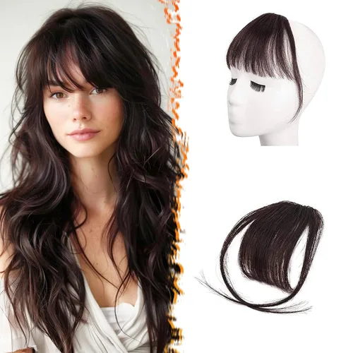Miniatura 20 de BARSDAR Flequillo postizo de pelo humano real - Flequillo postizo 100% pelo humano para mujeres - Extensiones de flequillo ondulado castaño rojizo