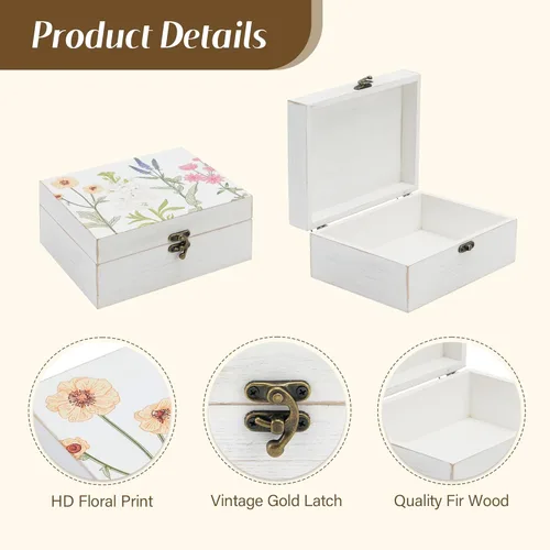 Miniatura 5 de Pequeña caja decorativa con tapa con bisagras, caja de almacenamiento de recuerdos hecha a mano de madera, caja de joyería con estampado floral