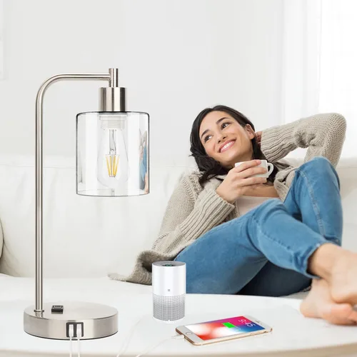 Miniatura 8 de Juego de 2 lámparas de mesa con control táctil industrial - Lámparas de mesita de noche en níquel cepillado con 2 puertos USB y enchufe de CA