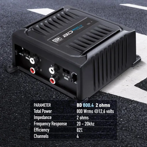 Miniatura 6 de Banda Audiopart BD-800.4 Amplificador de 4 canales de audio para automóvil – 800 W RMS 2 ohmios de rango completo amplificador de 4 canales a 12.6 V