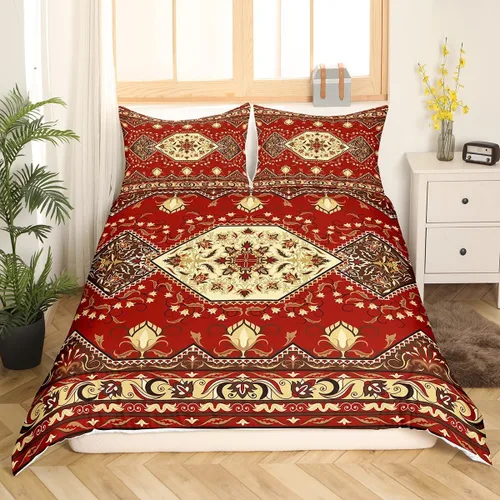 Miniatura 19 de Juego de funda de edredón persa individual, juego de ropa de cama exótica bohemio, azul, amarillo, degradado, rojo, floral, bohemio, tribal, encaje