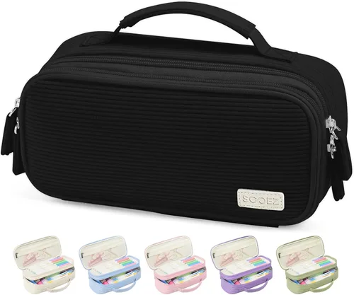 Miniatura 8 de Sooez Estuche grande para lápices, estuche de pana suave con asa, bonito estuche para bolígrafos, 5 compartimentos, organizador de amplia apertura