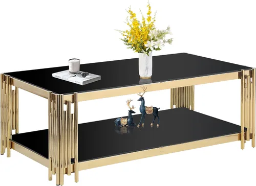 Miniatura 12 de Mesa de centro de vidrio templado de 31.5 pulgadas, moderna mesa de té dorada de 2 niveles con estante inferior, mesas centrales de lujo con marco