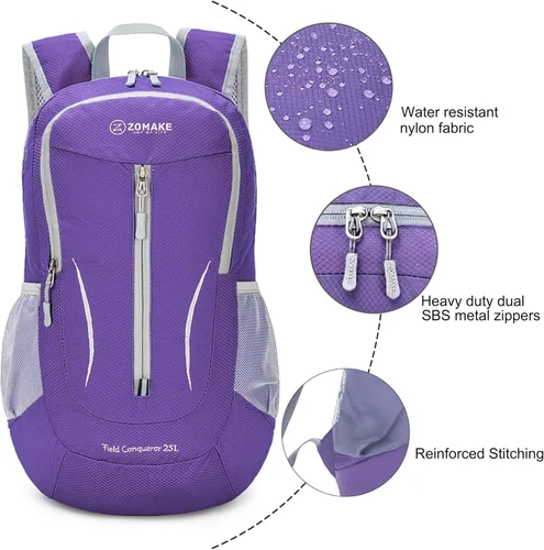 Miniatura 5 de ZOMAKE Mochila Empacable Ultraligera de 25L, Mochilas de Senderismo Plegables Resistentes al Agua Mochila Diurna Plegable Pequeña para Viajes Púrpura