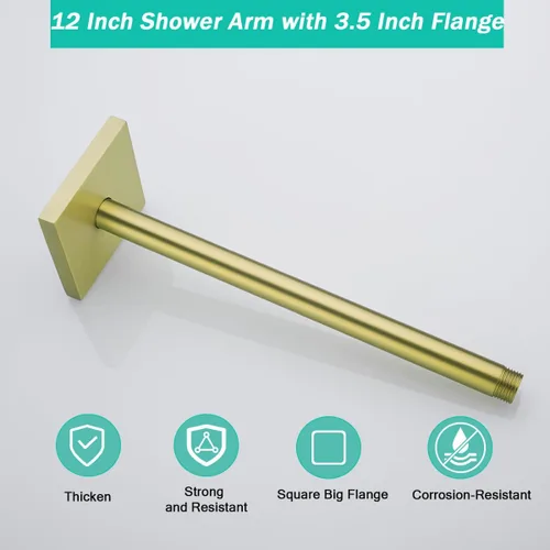 Miniatura 3 de Brazo de ducha dorado cepillado con brida,Tubo de ducha fijo montado en el techo de 12 pulgadas, brazo de repuesto de ducha de lluvia recto