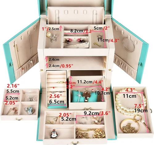 Miniatura 3 de Joyero organizador grande de piel sintética con cajones de espejo con cerradura de regalo para mujer (TF Azul-L)