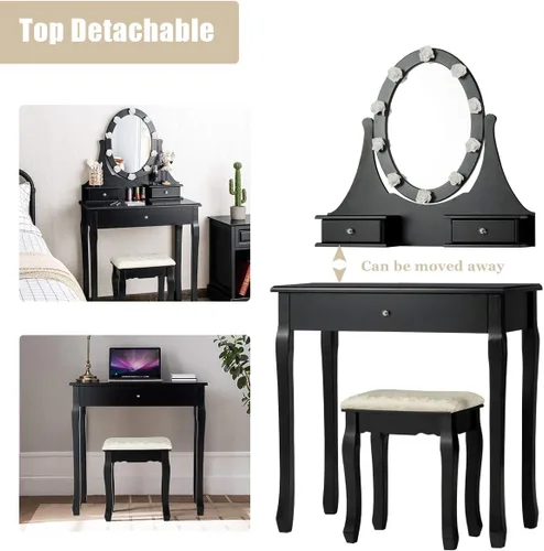 Miniatura 5 de Giantex Juego de tocador con espejo iluminado, mesa de maquillaje con 10 luces rosadas, escritorio de tocador moderno con taburete acolchado, 3