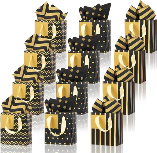 Tenare 12 bolsas de regalo pequeñas, mini bolsa de papel metálica a granel con asa de papel de seda para envoltura de regalo, día del padre, negro