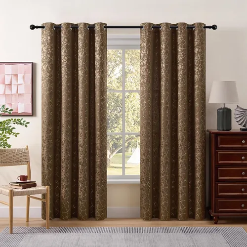 Miniatura 2 de Cortinas marrones y doradas de 63 pulgadas de largo, 2 paneles de cortinas geométricas para oscurecer la habitación, cortinas con ojales, estampado