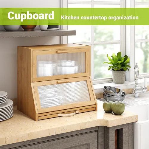 Miniatura 6 de BMOSU Panera grande de doble capa con tabla de cortar para encimera de cocina, panera con ventana de vidrio esmerilado de bambú (natural)