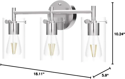 Miniatura 9 de 2023 Mejora 3 luces para tocador de baño de níquel cepillado, pantalla de vidrio transparente, apliques de pared para espejo, dormitorio, sala