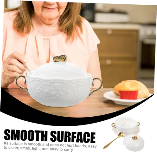 Miniatura 3 de DOITOOL Taza de sopa de cerámica de doble asa con tapa y cuchara, cuenco de porcelana resistente al calor de 6.10 pulgadas para cocinar al vapor