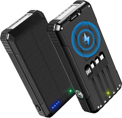 Banco de Energía Cargador Solar 49800mAh, Carga Inalámbrica Portátil para Teléfono con 4 Cables Incorporados Carga Rápida 22.5W, Puerto de