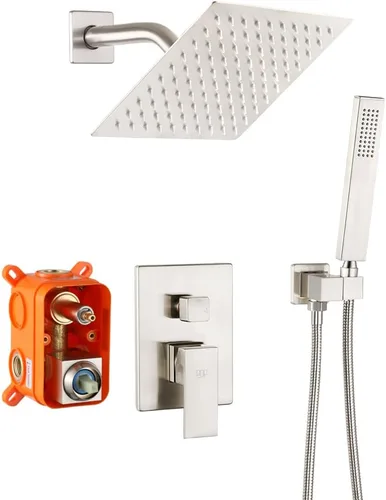 Miniatura 9 de Sistema de ducha negro para baño, juego completo de grifo de ducha montado en la pared de 8 pulgadas y mango con cuerpo de válvula áspero y kit