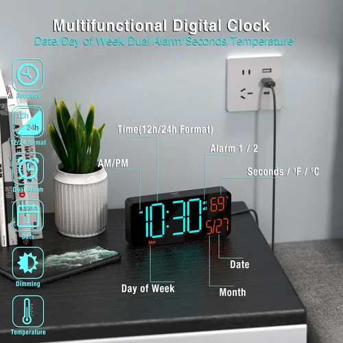 Miniatura 5 de KOSUMOSU Reloj digital para dormitorio de 6.7 pulgadas, despertador para sala de estar, atenuación automática, fecha, semana, segundos, temperatura