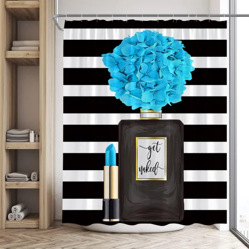 Miniatura 3 de Cortina de ducha negra con diseño de flores para niña, mujer, pintalabios, encantadora decoración de baño, juego de baño con gancho, 36 pulgadas