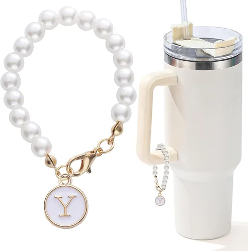 Miniatura 87 de Encanto de letra para Copa Stanley, accesorios de cadena de perlas, encantos de iniciales de Copa Stanley para asa, decoración de botella de agua
