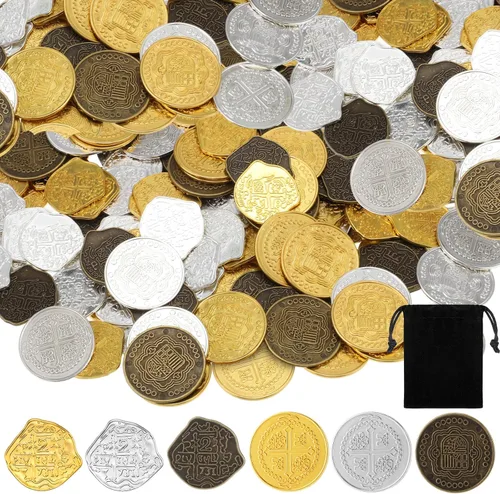 Miniatura 8 de Hanaive 100 Piezas Monedas de Pirata de Metal Cofre del Tesoro Doblón Español Monedas Falsas Fichas para Niños Juegos de Mesa Fiesta Pirata Cosplay