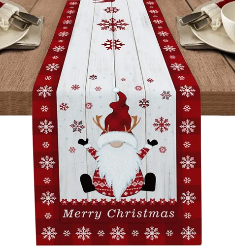 Camino de mesa de lino y algodón de Feliz Navidad, gnomo, copo de nieve, camino de mesa de madera para mesa de comedor, decoración de cocina de
