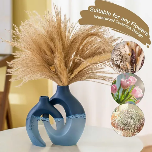 Miniatura 3 de Lvases - Juego de 2 jarrones de cerámica hueca Snuggle, estilo nórdico moderno boho, jarrones de cerámica estética floral para decoración del hogar