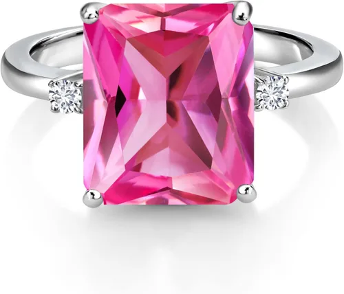 Miniatura 28 de Gem Stone King 5-7 Cttw Gemstone Birthstone and White Lab Grown Diamond 3-Stone Engagement Ring 925 Sterling Silver Center Emerald Cut 12X10MM
