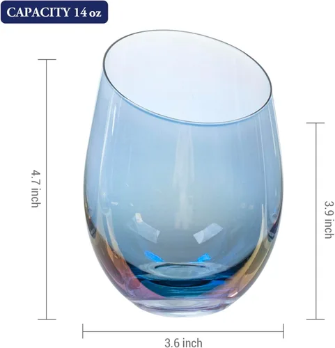 Miniatura 5 de MyGift Copas de vino modernas de 14 onzas sin tallo de vidrio azul iridiscente con borde en ángulo, cristalería transparente con tinte de brillo