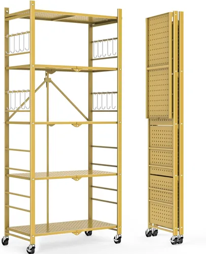 Miniatura 13 de Himix Estantes de almacenamiento con 6 ganchos, estante plegable de 3 niveles con ruedas, estantería de almacenamiento de metal, carrito rodante