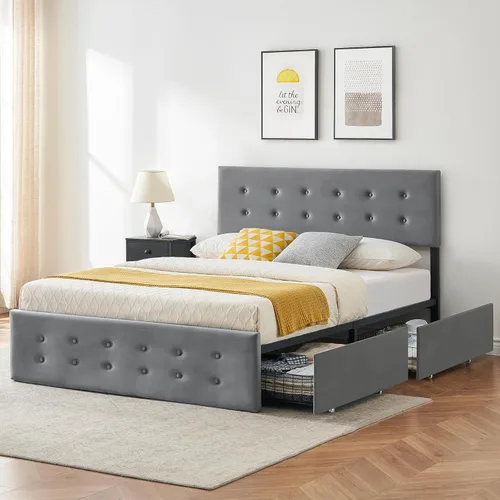 Miniatura 3 de Alkmaar Base de cama tapizada de terciopelo tamaño matrimonial con 4 cajones de almacenamiento y cabecero, base de colchón con botones cosidos