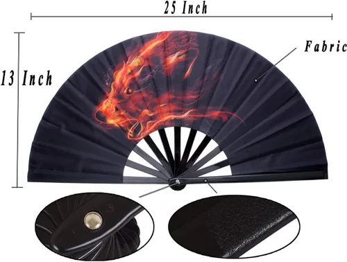 Miniatura 3 de Abanicos plegables decorativos, ventilador de mano chino, japonés, ventilador rave, ventilador de tela de nailon para mujeres/hombres (lobo de fuego)