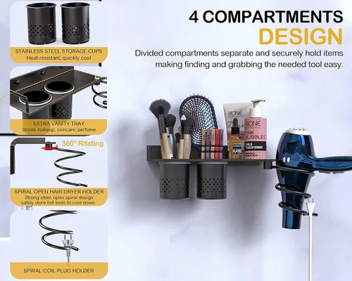 Miniatura 3 de MyLifeUNIT Soporte para secador de pelo, organizador de secadora de pelo montado en la pared con 2 tazas, estante de herramientas de peinado de baño
